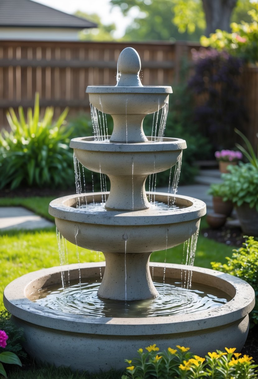 A three-tier concrete fountain with water flowing in a backyard garden surrounded by grass and plants.