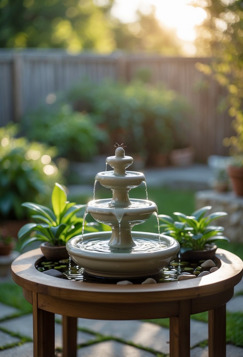A small ceramic tabletop fountain with water flowing, placed on a wooden table surrounded by plants in a backyard.