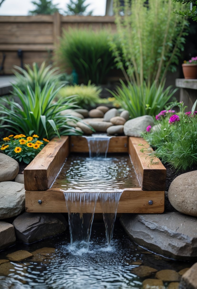 A wooden trough waterfall in a backyard garden surrounded by plants and stones with water flowing gently.
