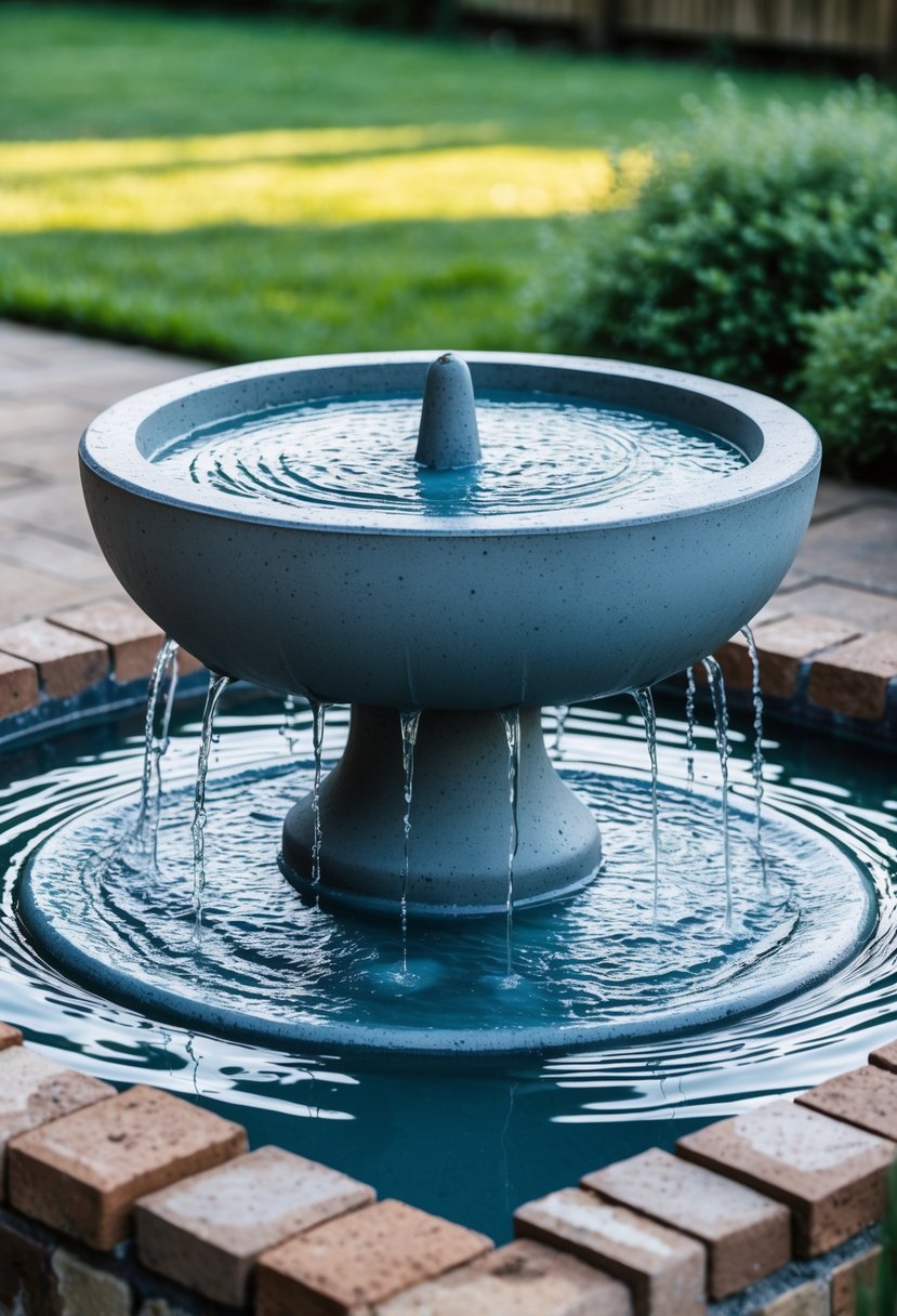 A blue-gray concrete basin fountain with a brick border in a backyard garden.