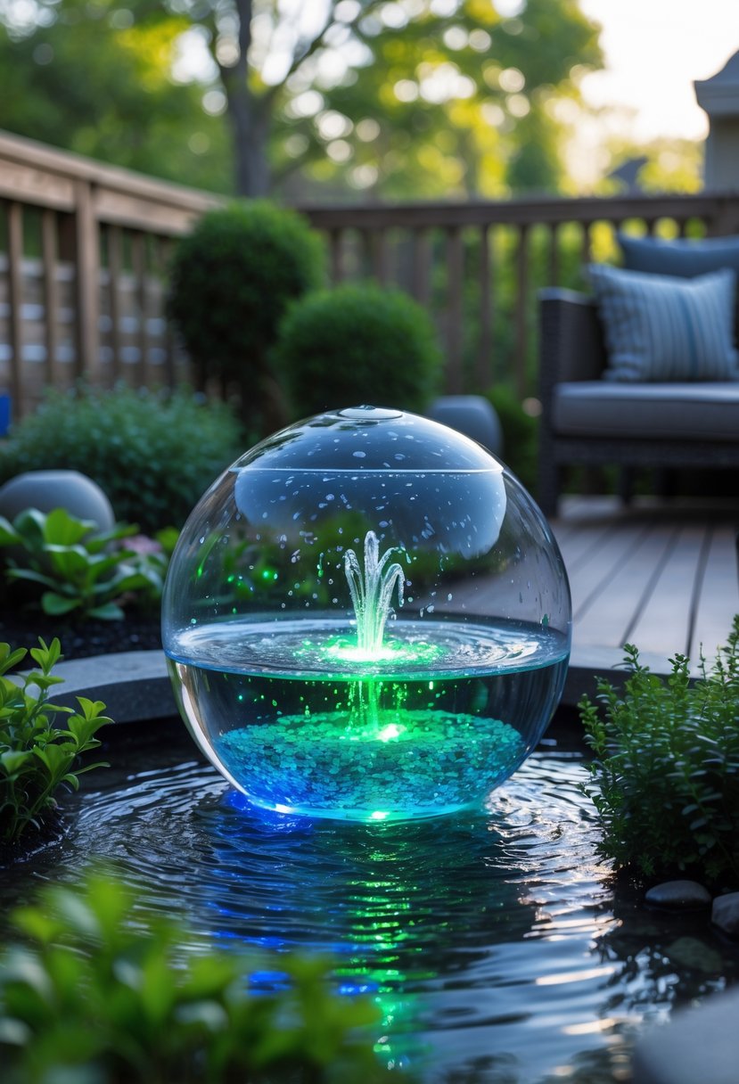 A backyard with a glowing glass orb fountain surrounded by plants and garden decorations.