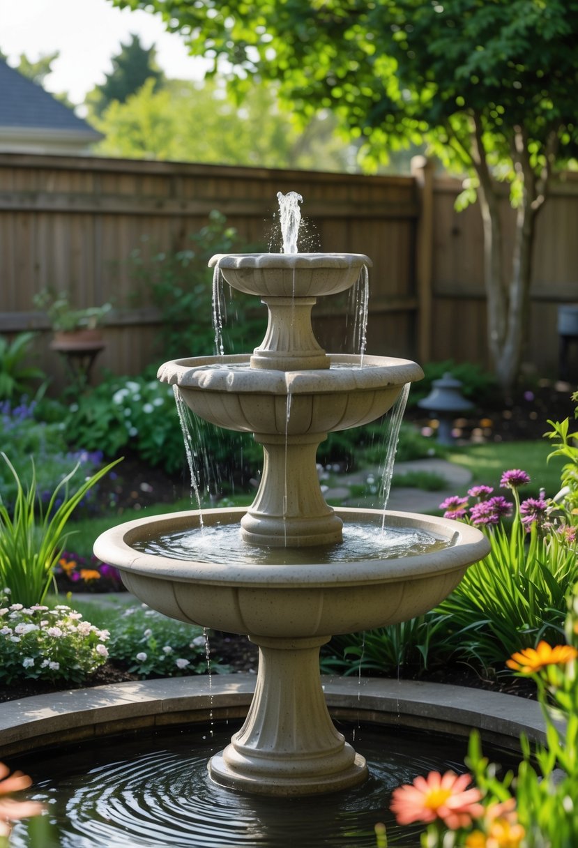 A stone birdbath fountain with flowing water surrounded by plants and flowers in a backyard garden.