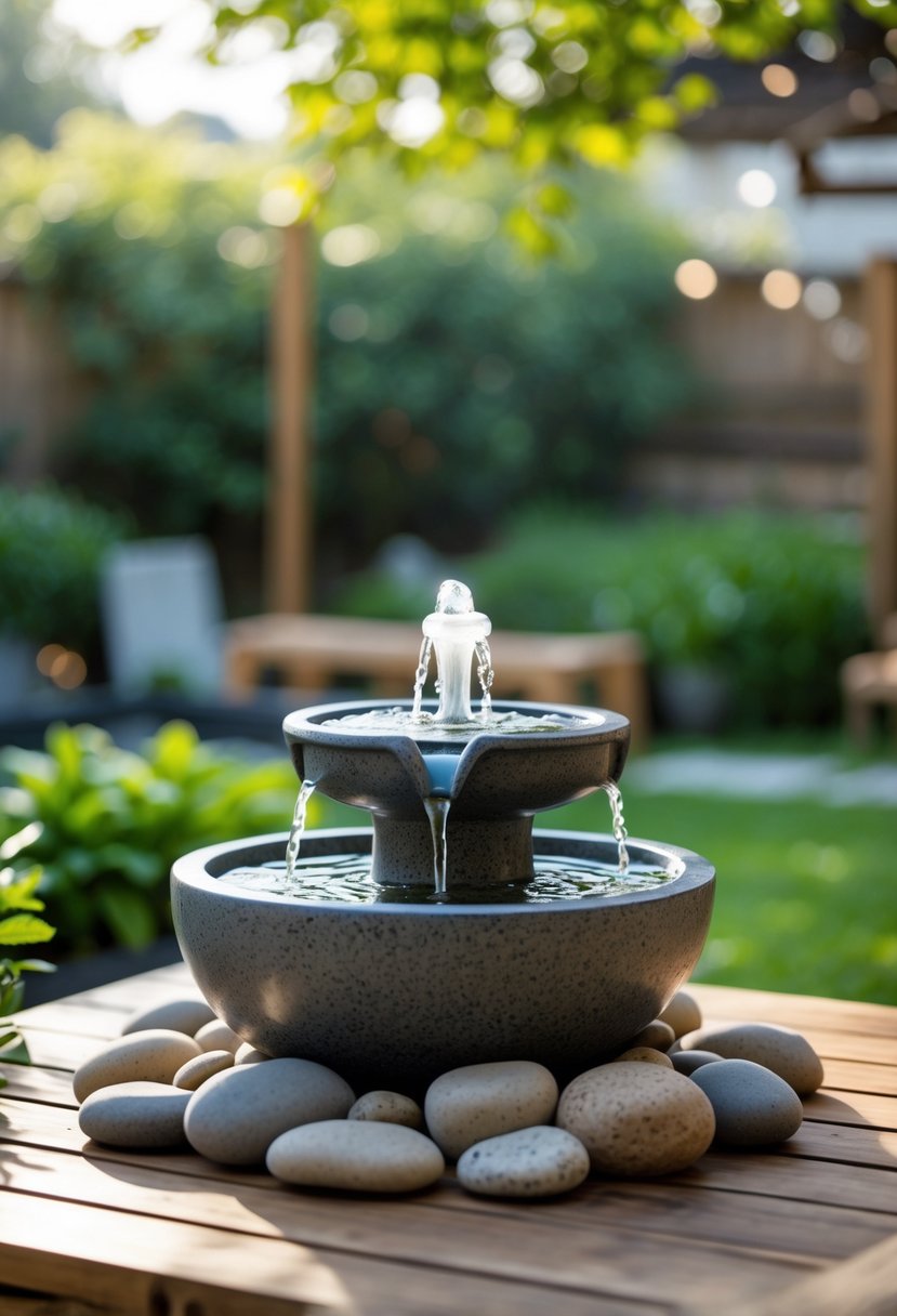 A tabletop fountain with flowing water surrounded by pebbles on a wooden table, set against a blurred backyard with greenery.