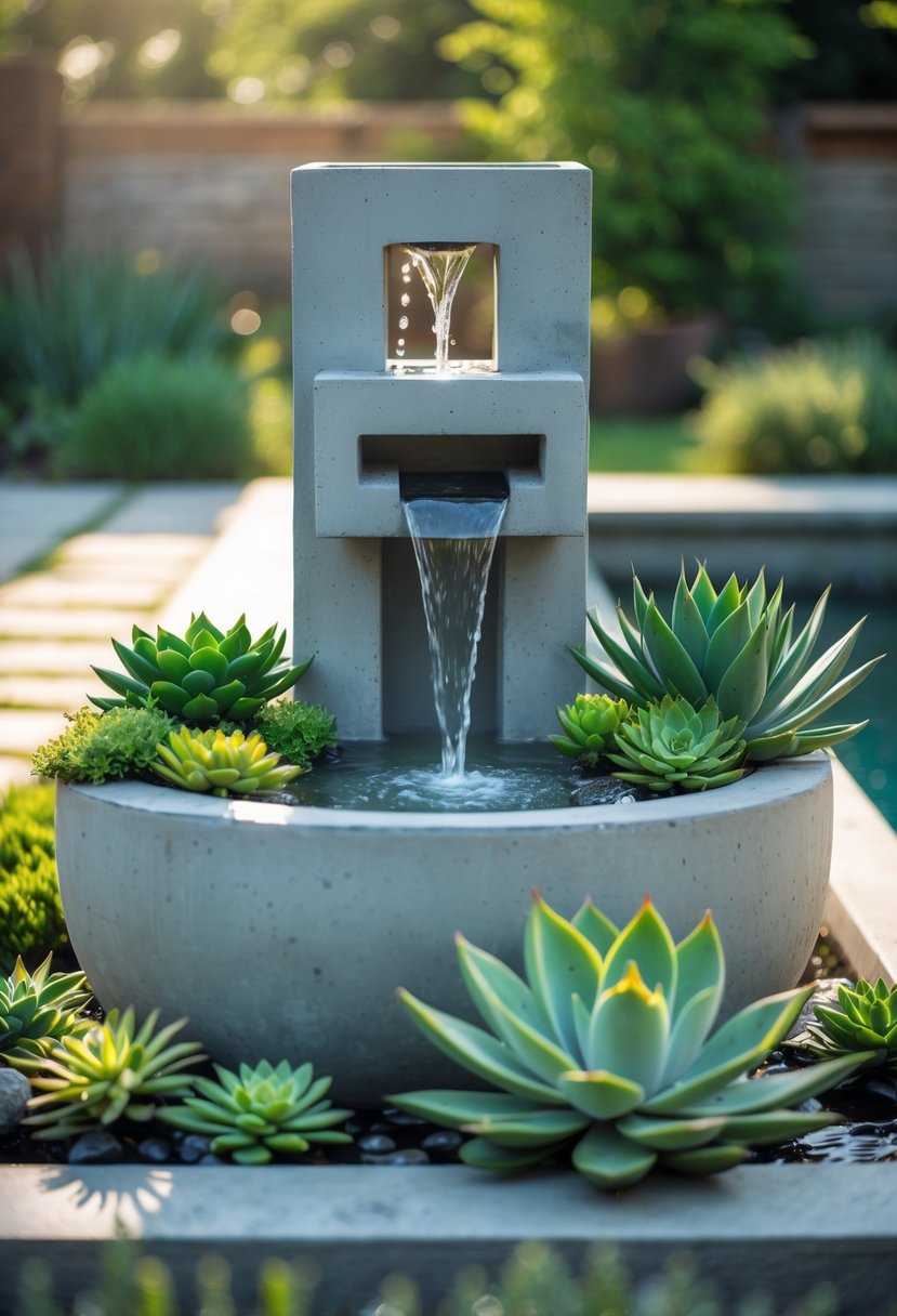 A concrete planter fountain with water flowing and various green succulents in a backyard setting.