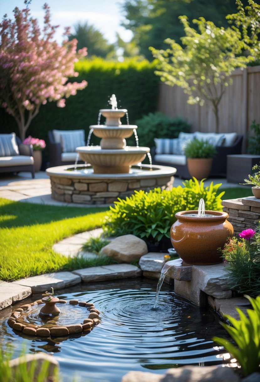 A backyard with several different fountains surrounded by grass, flowers, and outdoor seating.