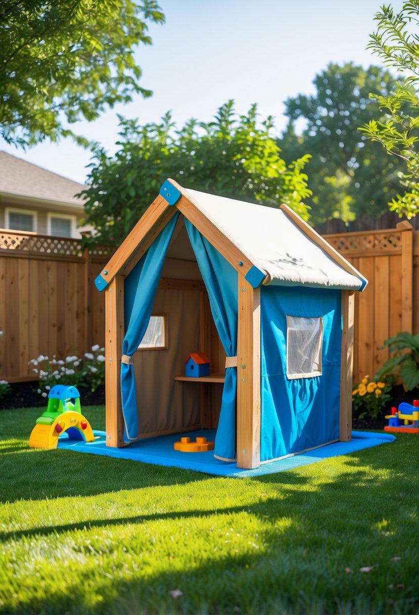 A backyard with a weatherproof hideaway fort surrounded by grass, flowers, and children's outdoor toys.