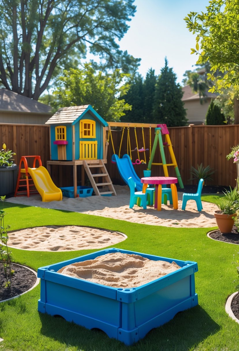 A backyard with a covered sandbox and various kid-friendly play areas including swings, a slide, and a playhouse.