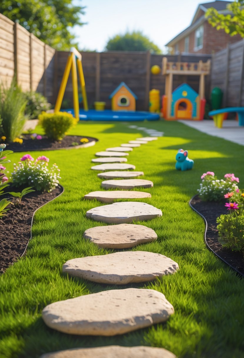 A backyard with stepping stones forming a path surrounded by grass, flowers, and a children's play area with a swing set and playhouse.