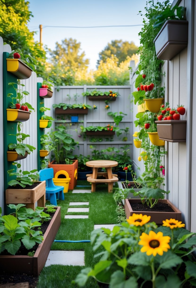 Small backyard with vertical gardens, kid-friendly plants, a playhouse, sandbox, and picnic table surrounded by greenery.