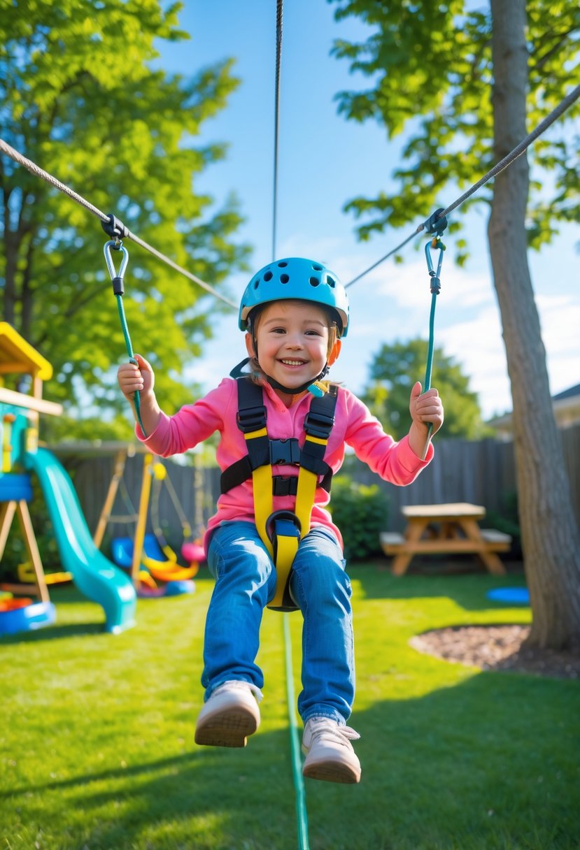 A child wearing a safety harness and helmet rides a DIY zip line in a backyard with trees and playground equipment.