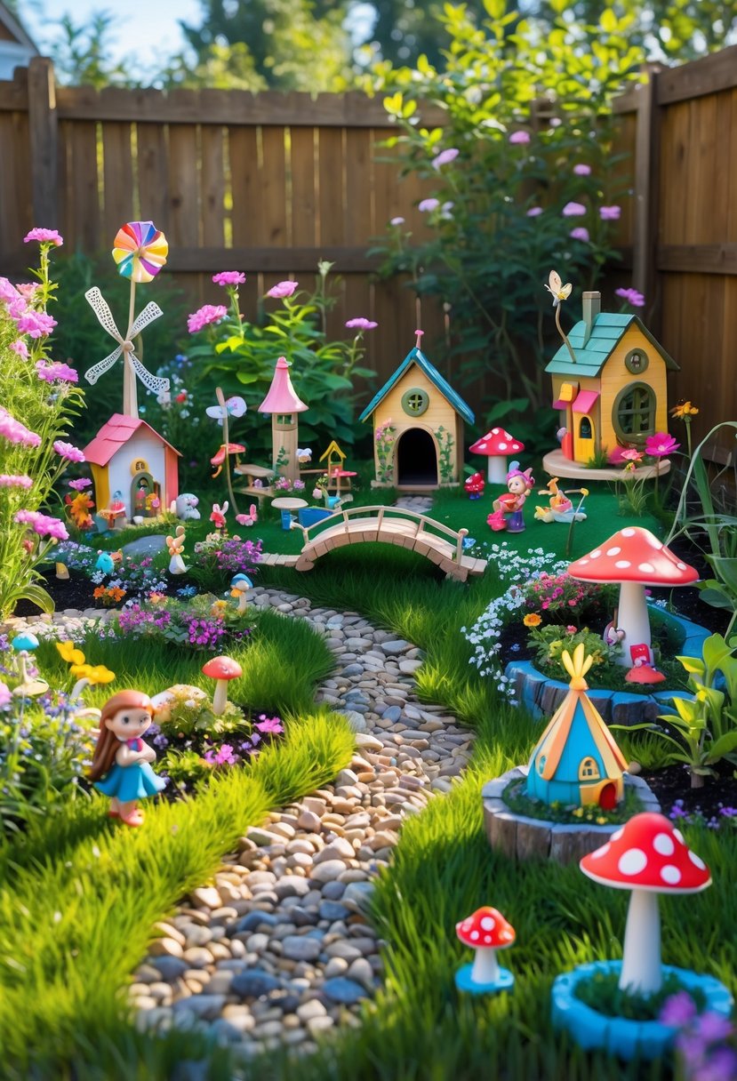 A colorful fairy garden in a backyard with miniature houses, mushrooms, small bridges, and playful decorations among grass and flowers.