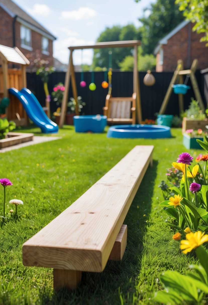 A backyard with a wooden balance beam on green grass surrounded by flowers and playground equipment.
