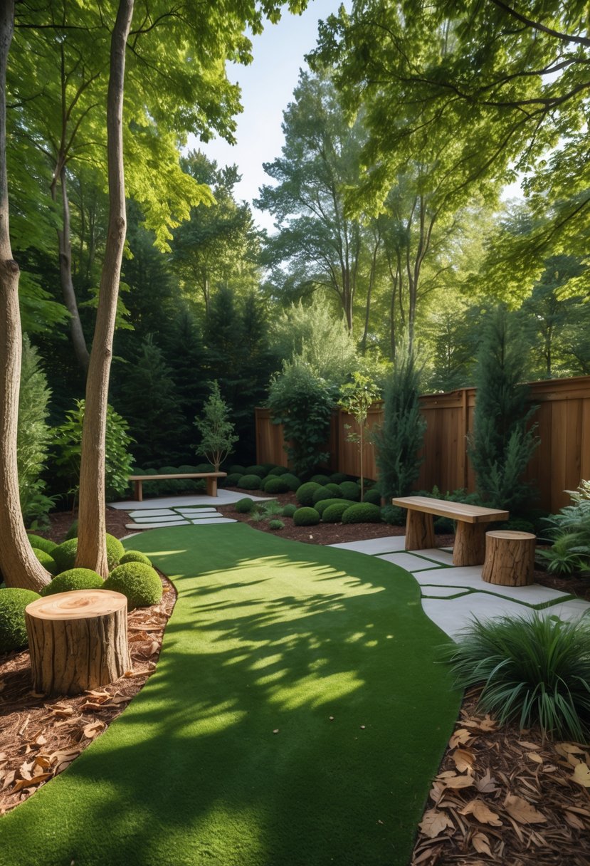 Backyard with artificial green turf designed to look like a natural woodland floor, surrounded by trees and wooden outdoor furniture.