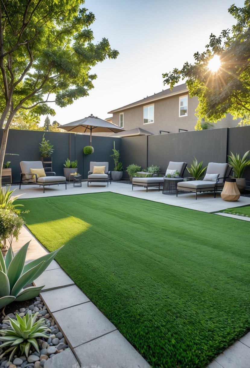 A backyard with green synthetic grass, outdoor furniture, and potted plants under natural sunlight.