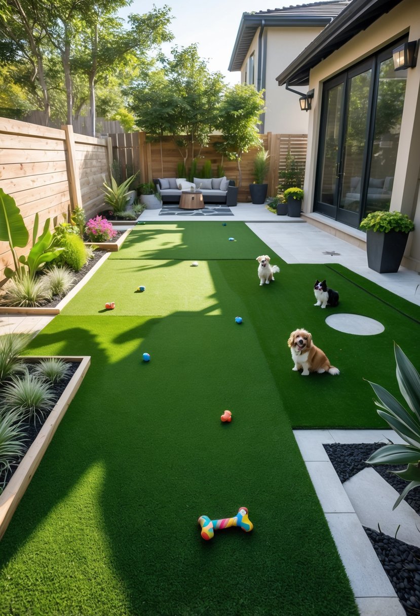 A backyard with green artificial turf designed for pets, featuring outdoor furniture, pet toys, plants, and a shaded area.