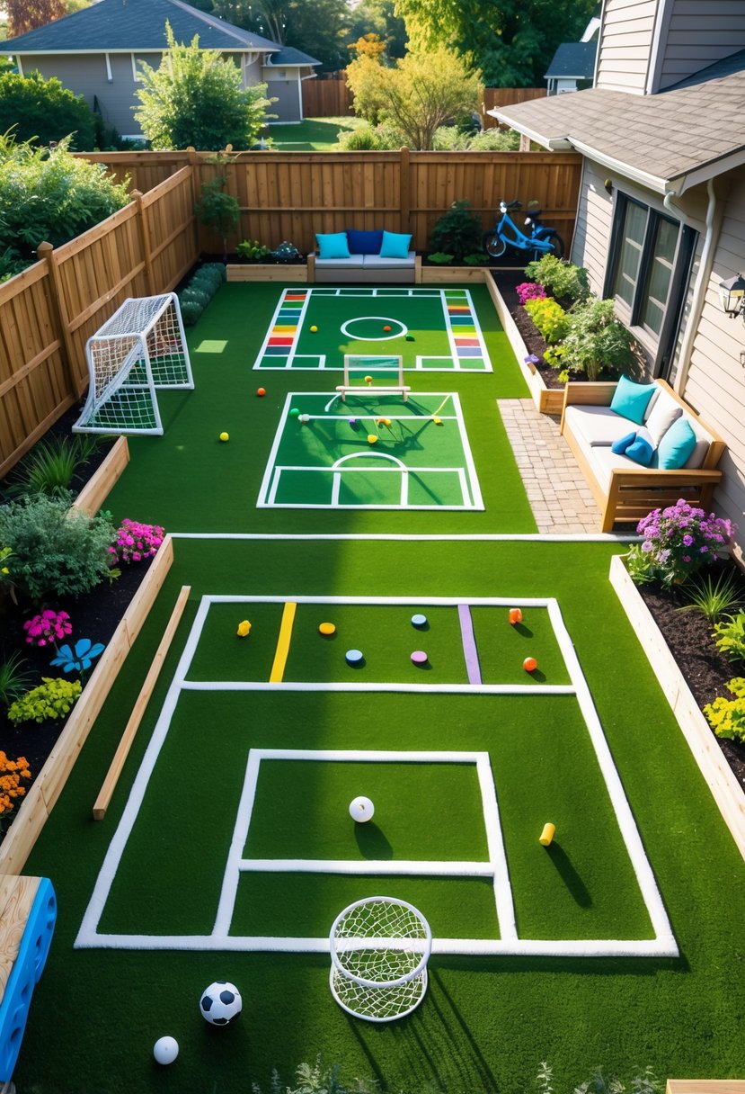 A backyard with several children’s play areas on artificial grass, including a small soccer goal, hopscotch, sandbox, and a cozy reading nook surrounded by plants.