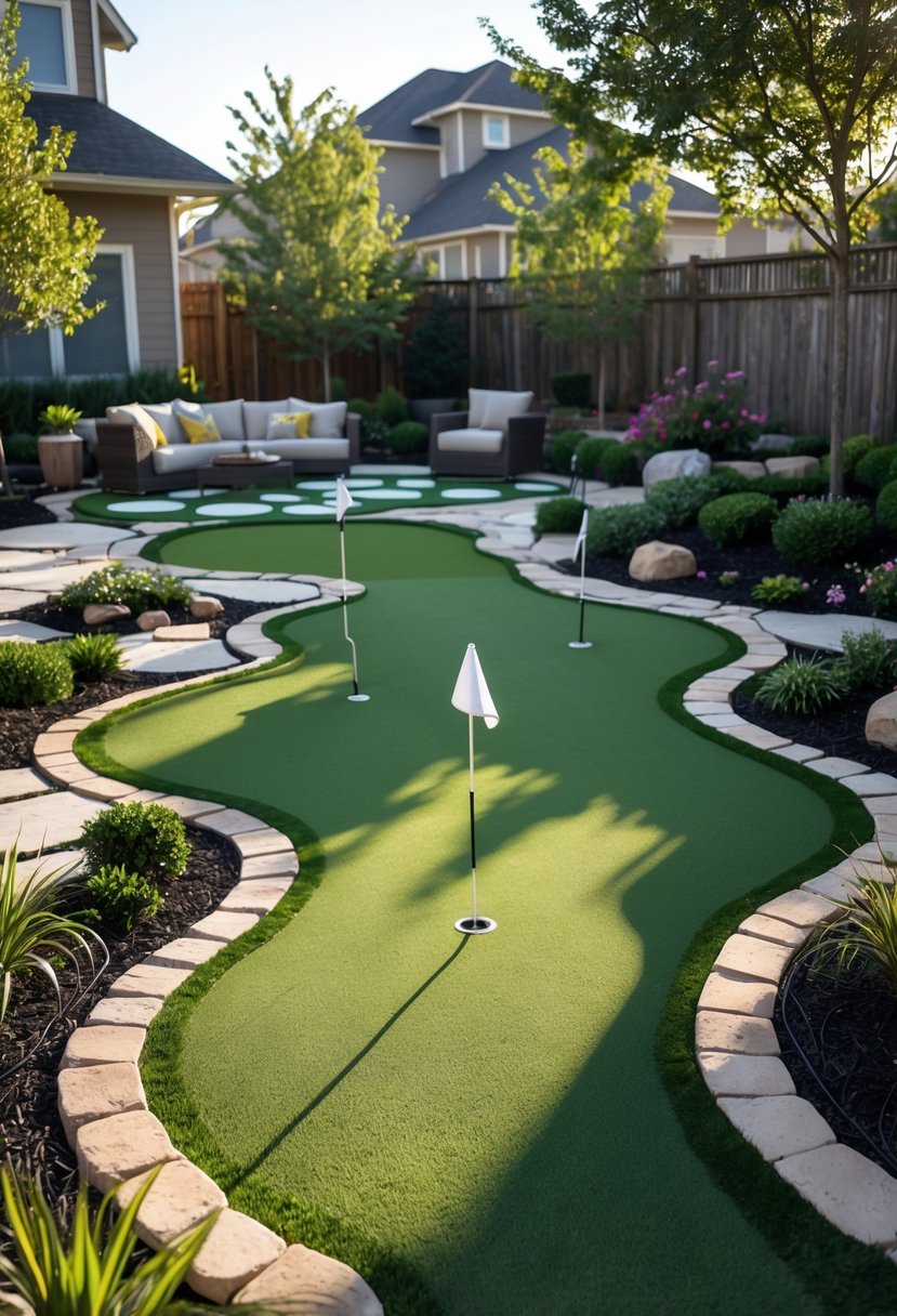 A backyard with several small putting greens made of artificial turf, surrounded by plants, stone paths, and outdoor seating.
