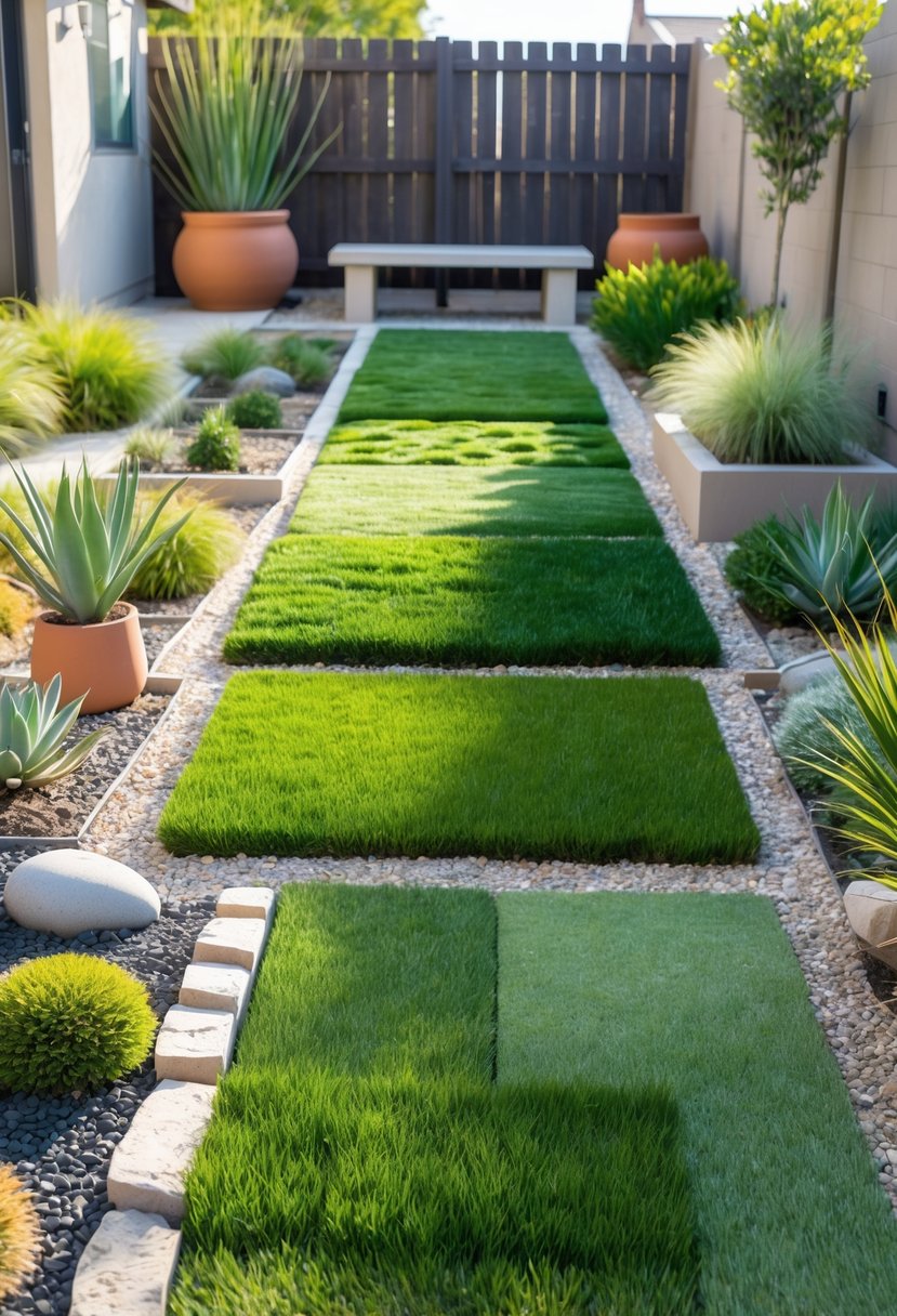 A backyard with fourteen different patches of drought-resistant turf, separated by stone paths and surrounded by drought-tolerant plants and shrubs.