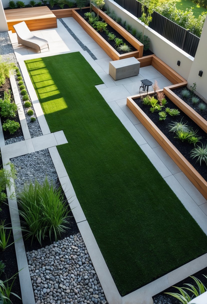 A backyard with green turf, stone pathways, wooden decking, and outdoor furniture arranged for relaxation.