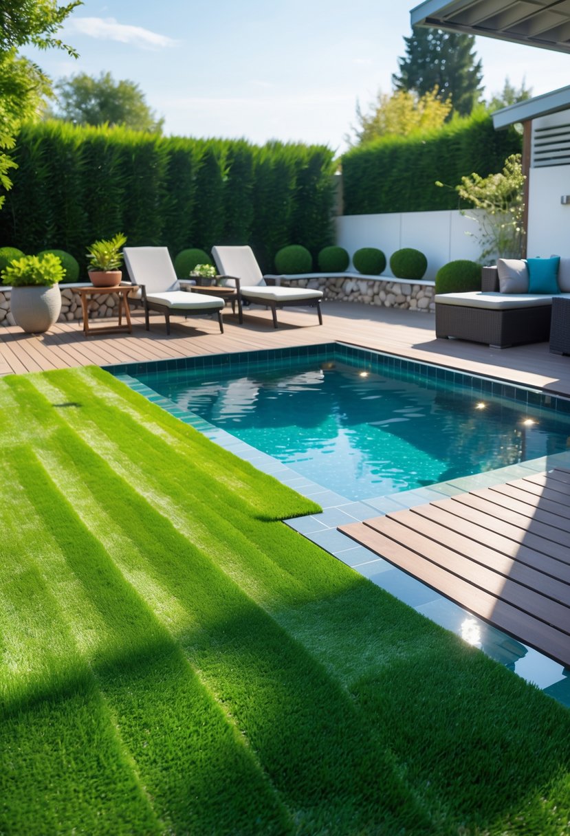 A backyard pool area with green artificial turf surrounding a clear blue swimming pool, wooden decking, and outdoor furniture under bright sunlight.