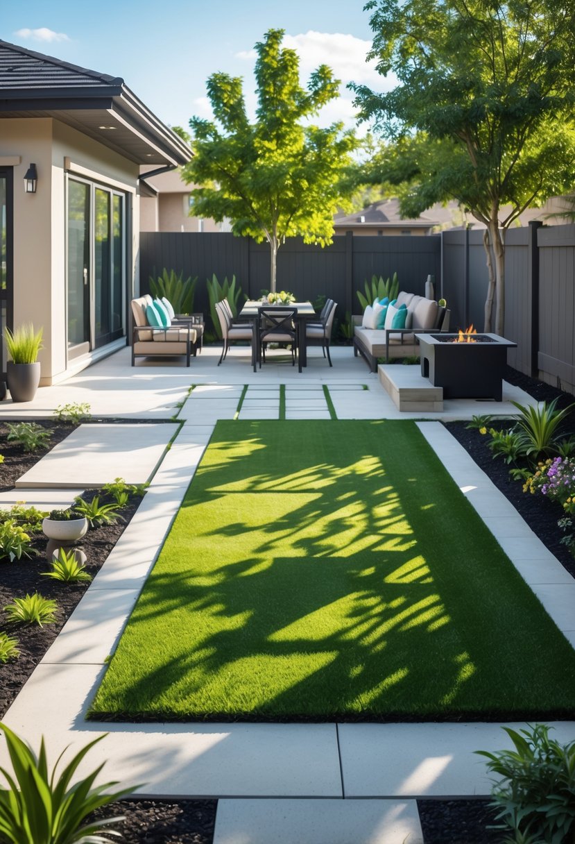 Backyard with artificial grass turf patio, outdoor seating, dining area, fire pit, and surrounding plants.