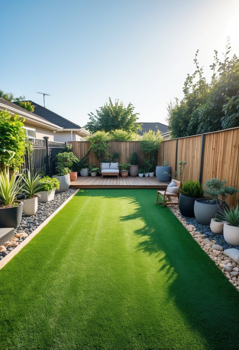 A backyard with fresh green artificial turf, wooden deck, potted plants, and garden furniture under natural sunlight.