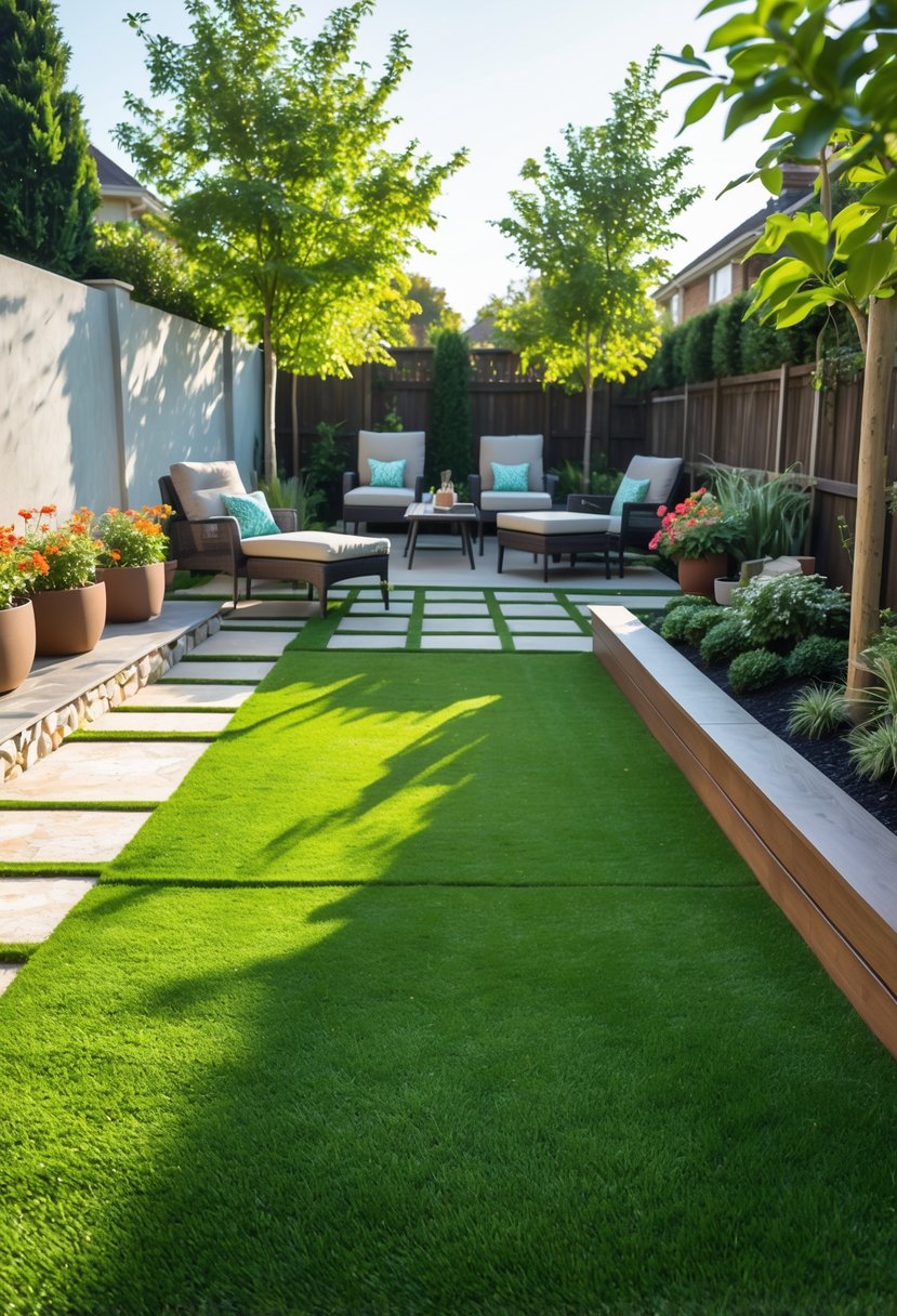 A backyard with vibrant green artificial grass, outdoor furniture, flower planters, and a stone pathway under soft sunlight.