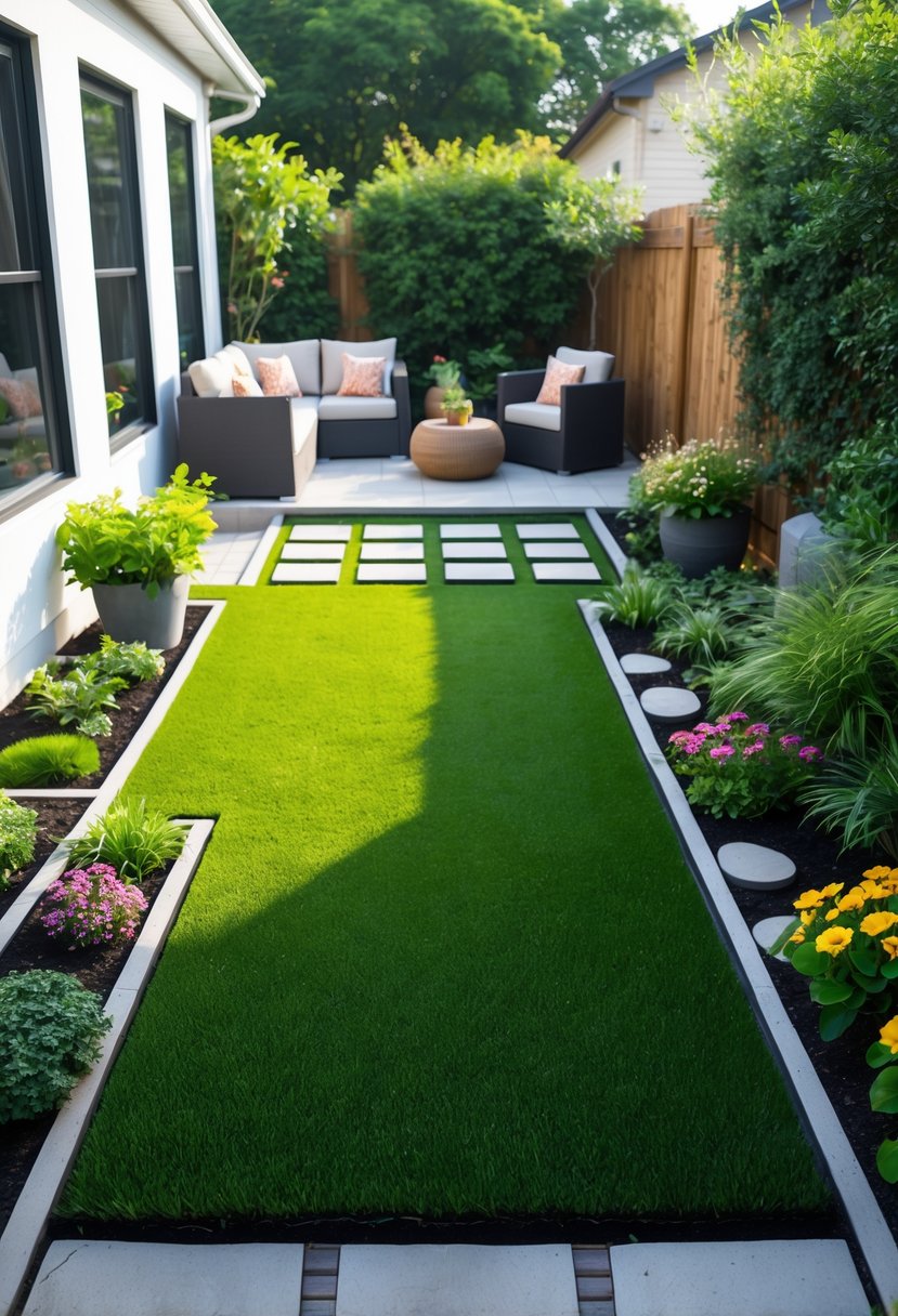 Small backyard with green turf, garden beds, outdoor furniture, and decorative plants.