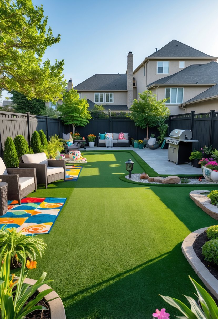 A backyard with vibrant green artificial turf featuring seating areas, play zones, plants, and outdoor furniture designed for entertaining.