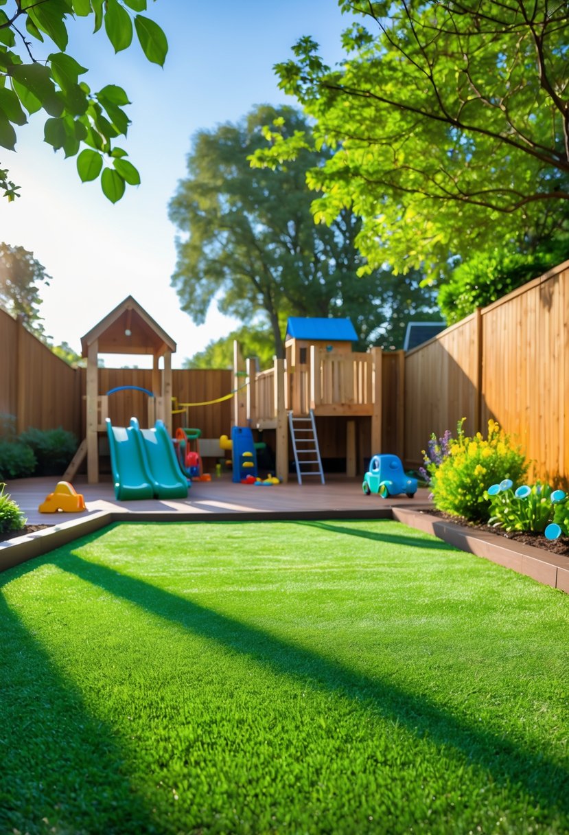 Backyard with soft green turf and a wooden play structure surrounded by toys and plants.