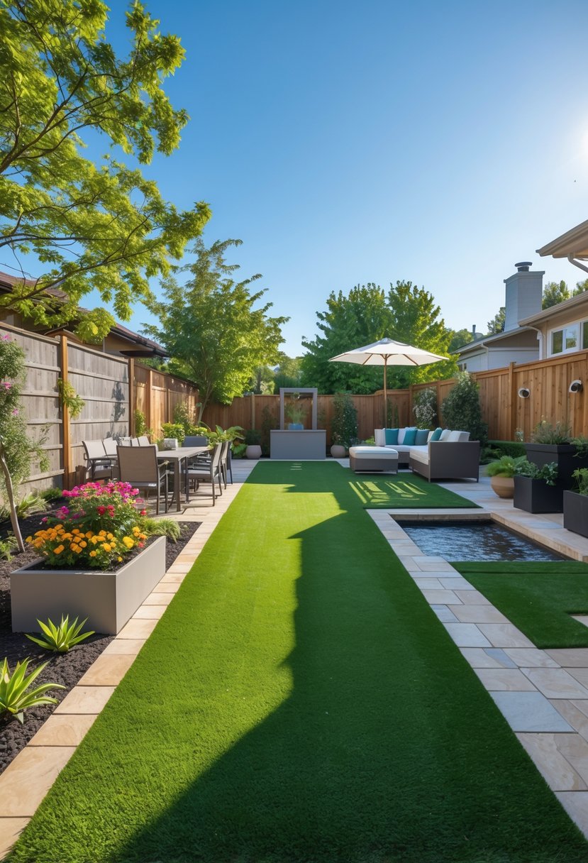 A backyard with bright green artificial turf, patio furniture, flower planters, a small water feature, and stone pathways under clear blue skies.