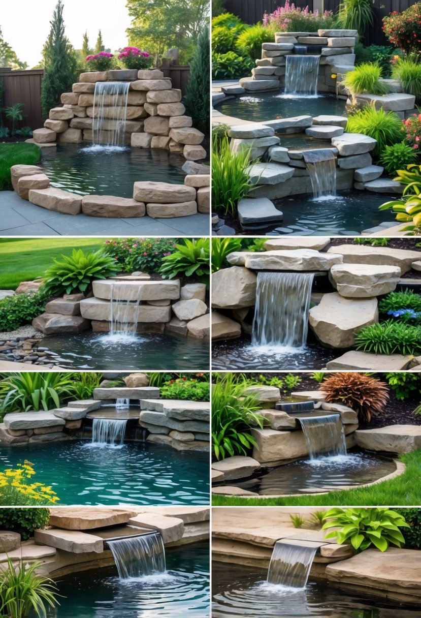 A backyard garden with multiple waterfalls flowing over rocks into ponds surrounded by plants and greenery.