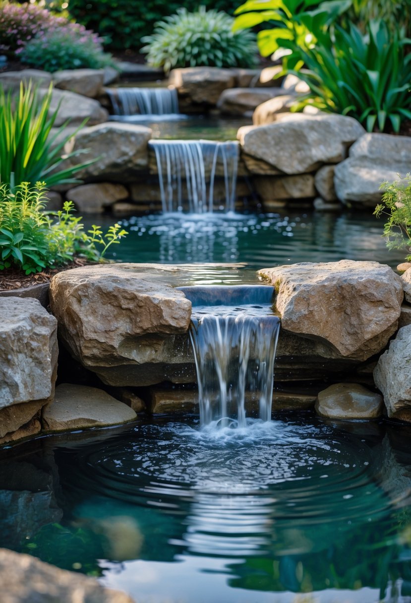 A backyard with a natural rock waterfall flowing into a clear pond surrounded by green plants.