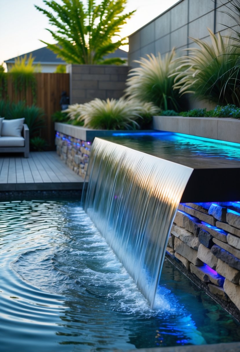 A backyard with a modern sheet waterfall flowing into a pool, surrounded by plants and illuminated by LED lights.