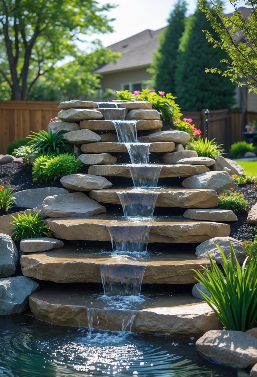 A multi-tiered stone waterfall cascading into a backyard pond surrounded by plants and greenery.