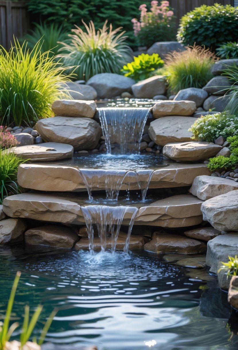 A backyard with a pondless waterfall flowing over stones into a hidden reservoir surrounded by plants and rocks.