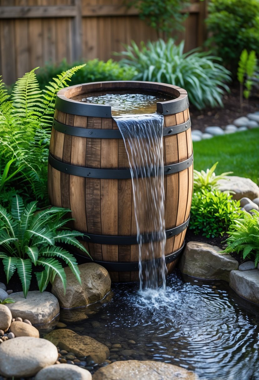 A wooden barrel waterfall feature in a backyard garden with water flowing into a stone basin surrounded by plants and rocks.