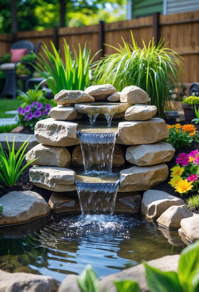 A small backyard waterfall with water flowing over rocks into a pond surrounded by plants and flowers.