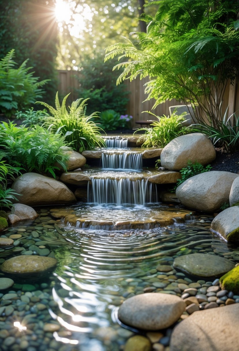 A backyard with a small waterfall flowing over rocks into a clear pebble bed surrounded by green plants.
