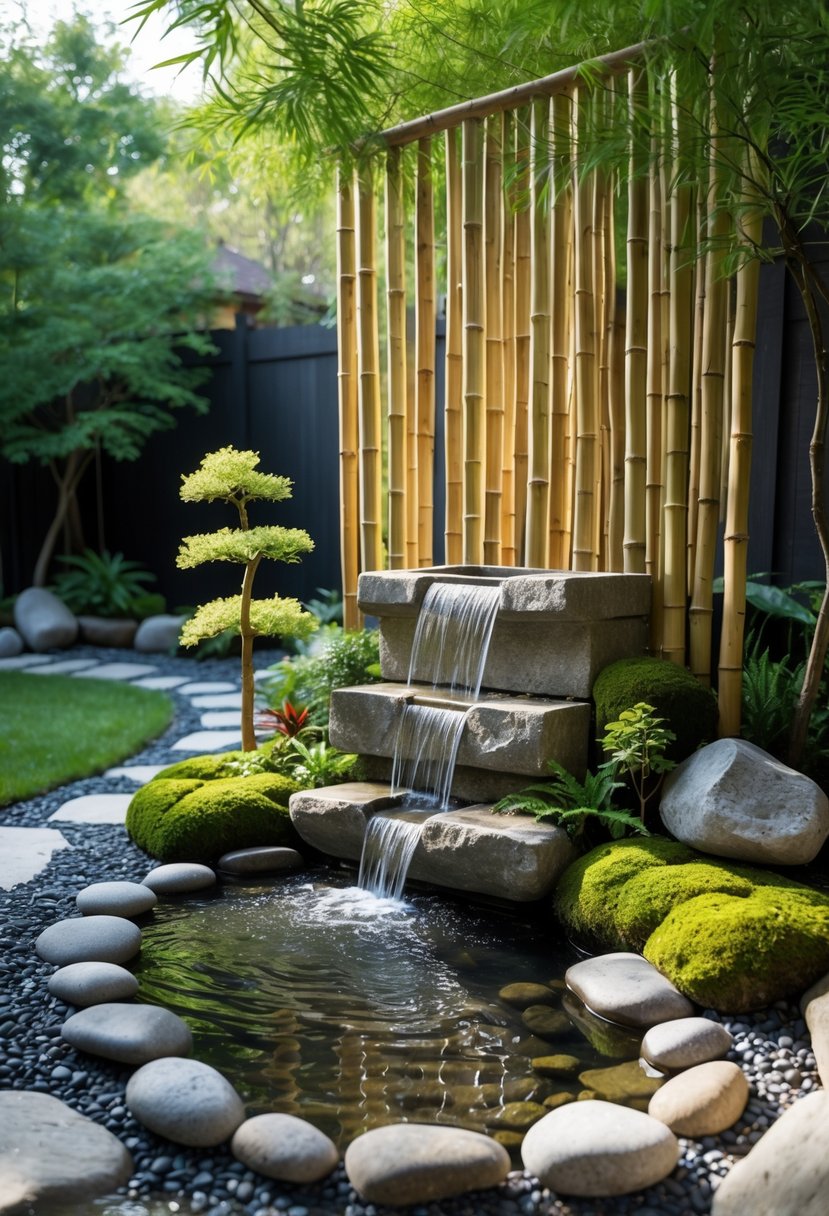 A peaceful backyard with a bamboo waterfall flowing into a stone basin surrounded by rocks and plants.