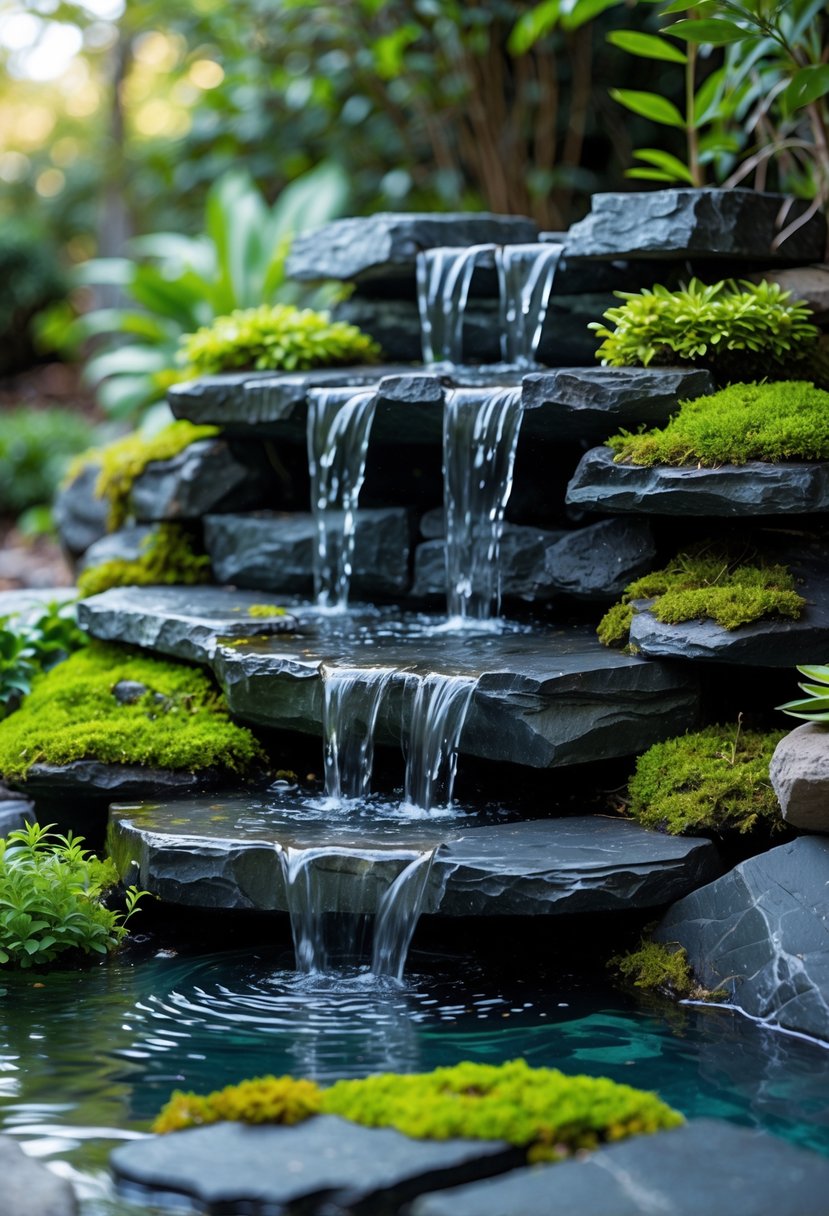 A backyard waterfall made of slate stones with water flowing over moss-covered rocks surrounded by green plants.