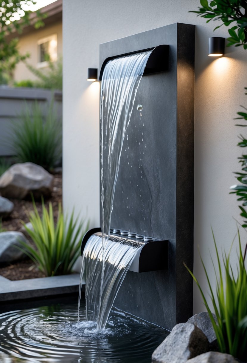 A backyard with a modern wall-mounted waterfall fountain flowing water over a dark stone surface surrounded by plants and rocks.