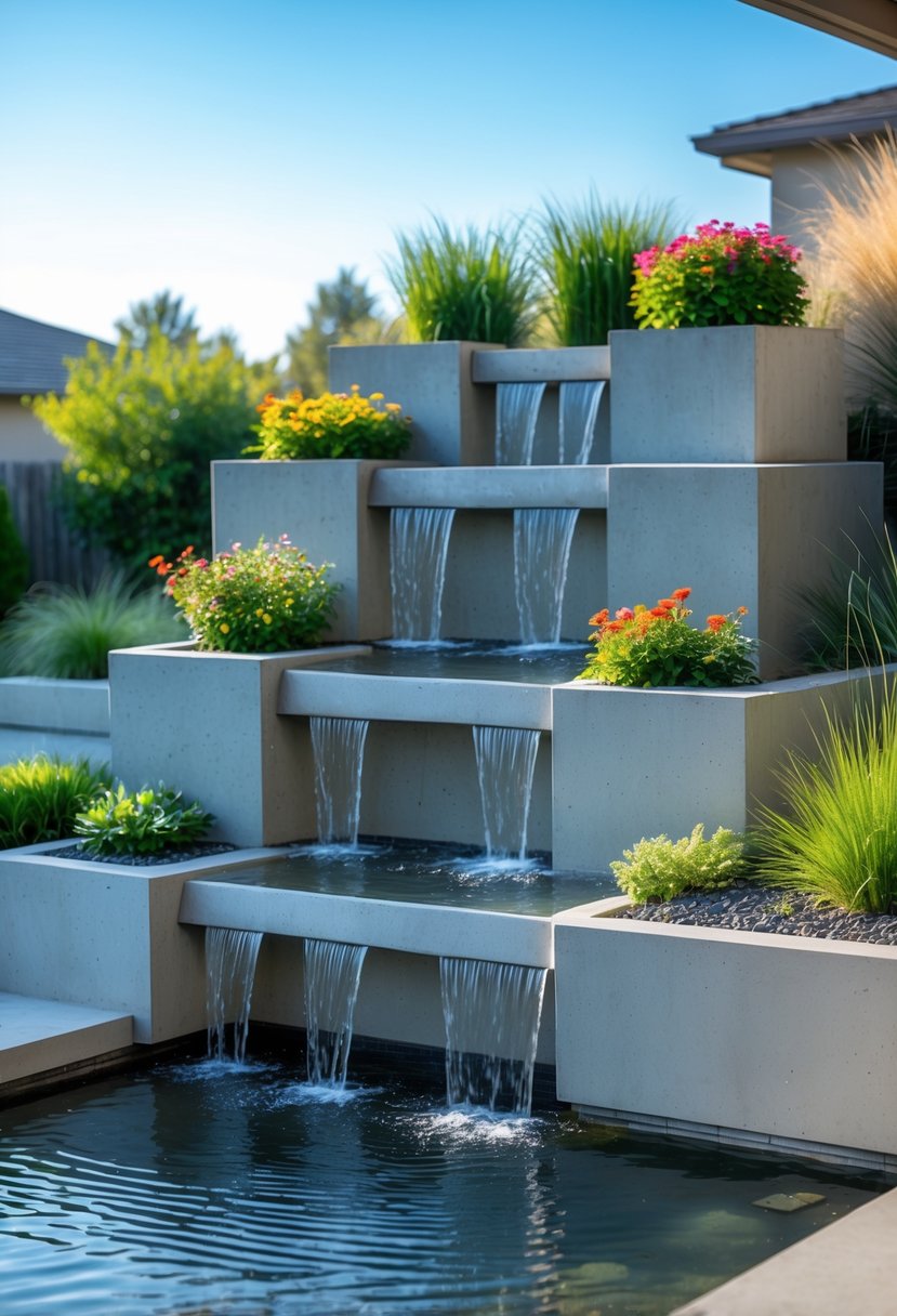 Backyard waterfall made of tiered concrete with water flowing over several levels and built-in planters filled with green plants.