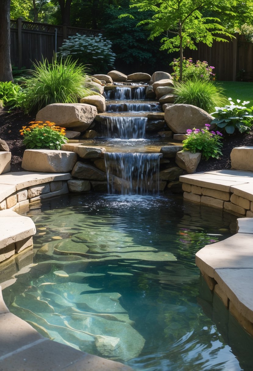 A backyard waterfall with stone benches built into the surrounding rocks, surrounded by plants and trees.
