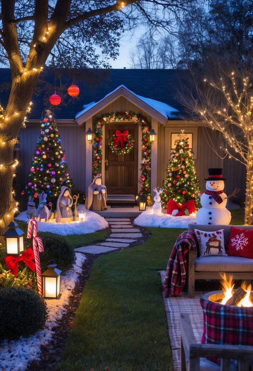 Outdoor Christmas decorations including lights, wreath, ornaments, lanterns, nativity scene, candy canes, sled, snowman, reindeer sculptures, and festive seating in a garden at twilight.