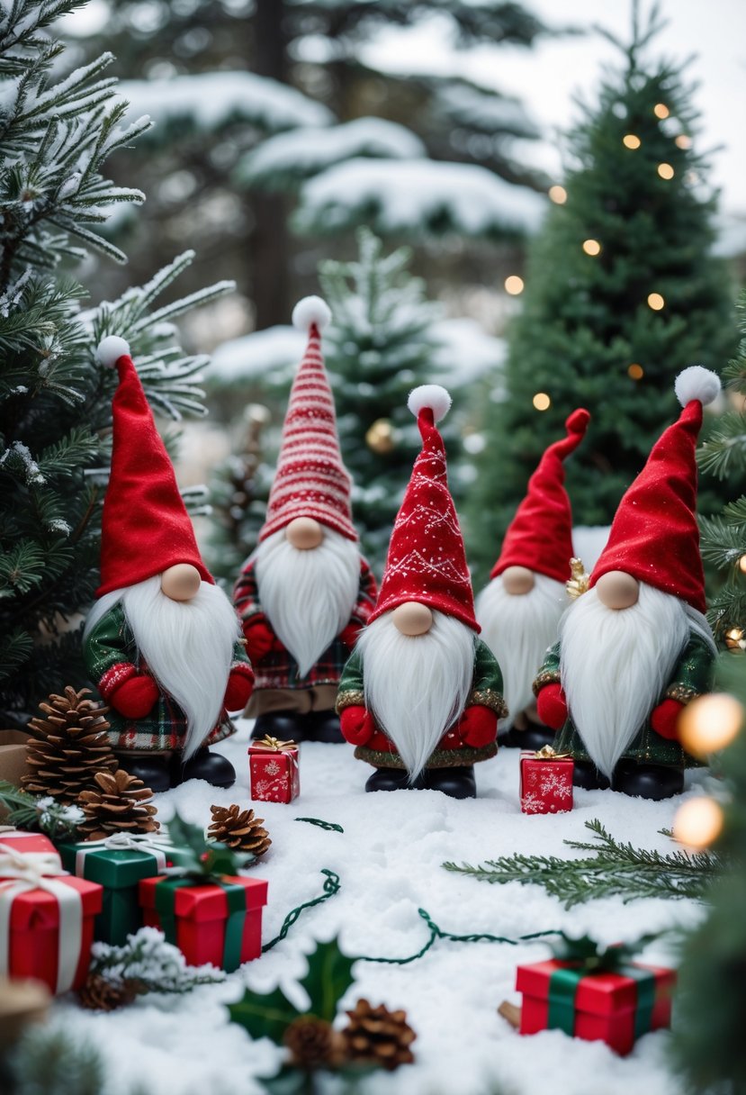 Several gnome figurines wearing Christmas hats surrounded by outdoor holiday decorations in a snowy garden.