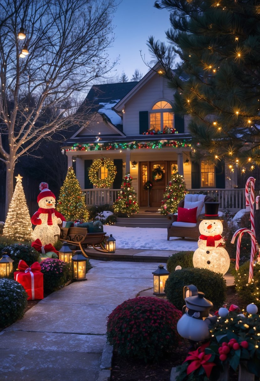 Outdoor Christmas decorations including a decorated tree, illuminated reindeer, wreath, lanterns, snowman, candy canes, and festive garlands in a snowy yard near a cozy house.