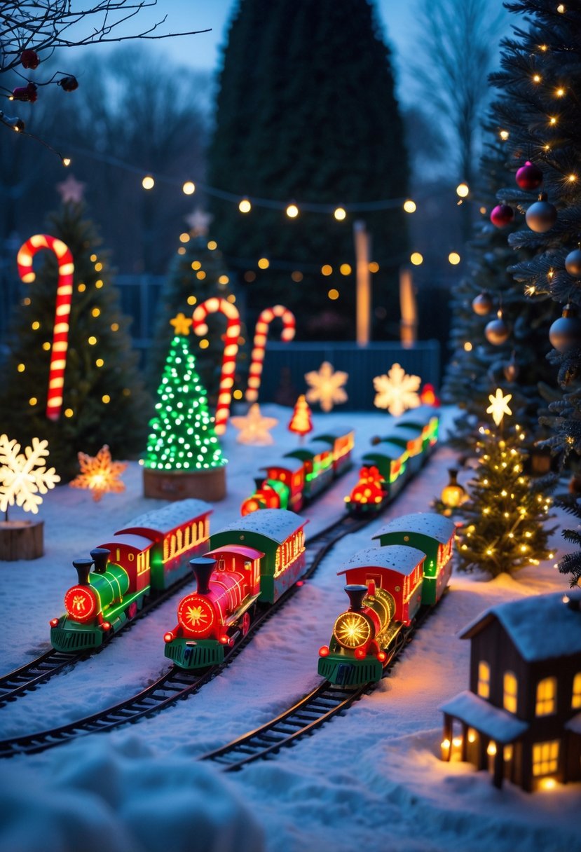 A brightly lit outdoor Christmas train display with colorful holiday lights and decorations in a snowy garden.