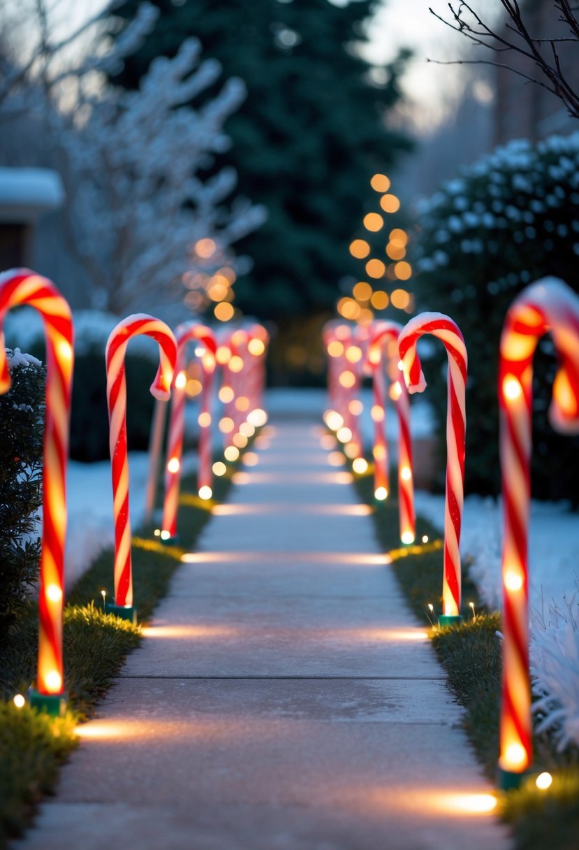 Outdoor walkway lined with glowing candy cane stake lights surrounded by snow and greenery.