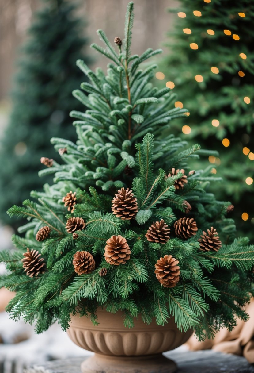Outdoor Christmas planter with evergreen branches and pine cones arranged in a decorative display.